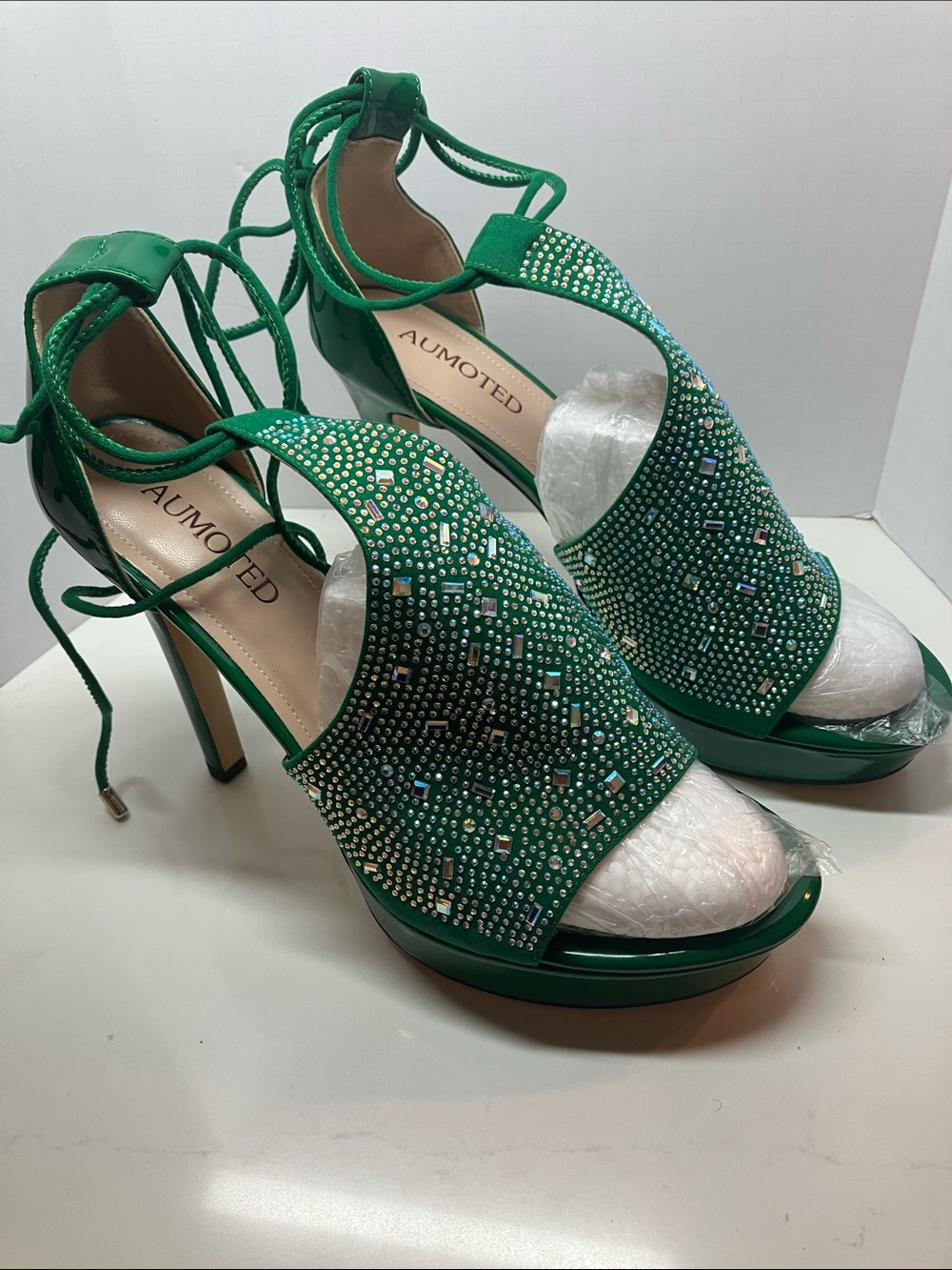 Aumoted Emerald Green Crystal Lace-Up Platform Heels